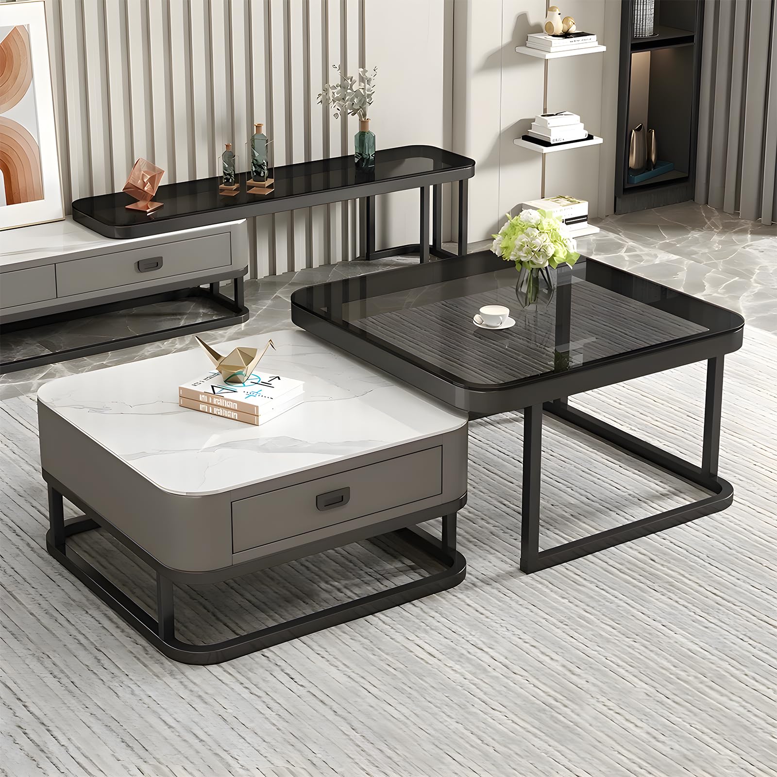 ZYMDDP 2-in-1 Coffee Table, Square Nest of Tables, Multi